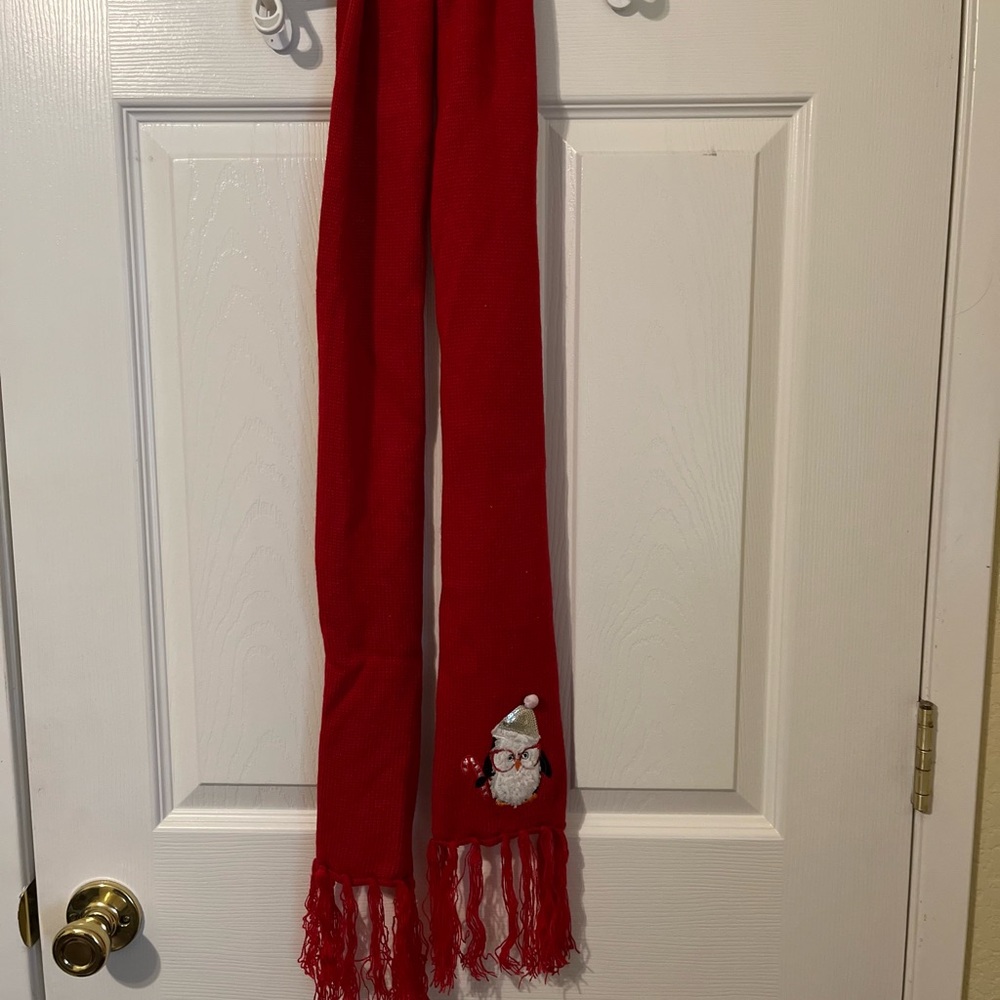 Red Scarf with Santa Penguin Embroidery